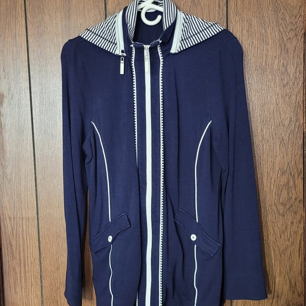 Bylyse Women XL Nautical Jacket – Navy & White Bamboo Blend Two-Way Zip Stretch